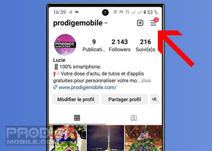 Ouvrir le menu hamburger de l’application de partage de photos Instagram