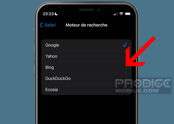 Choisir un nouveau service de recherche dans la liste