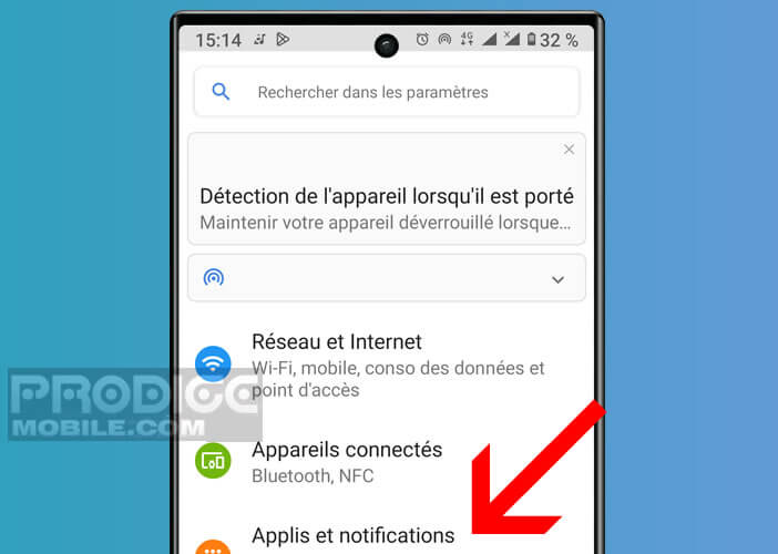 Rubrique Applis et notifications dans les paramètres Android
