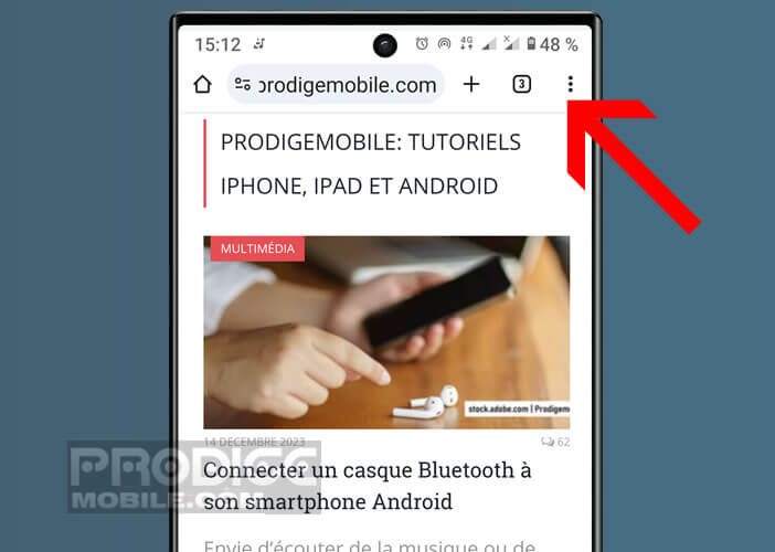 Actionner le bouton menu dans le navigateur mobile de Google