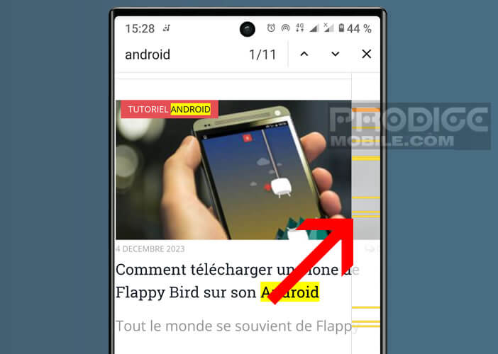 Localiser facilement les mots trouvés dans la page grâce aux repères jaunes