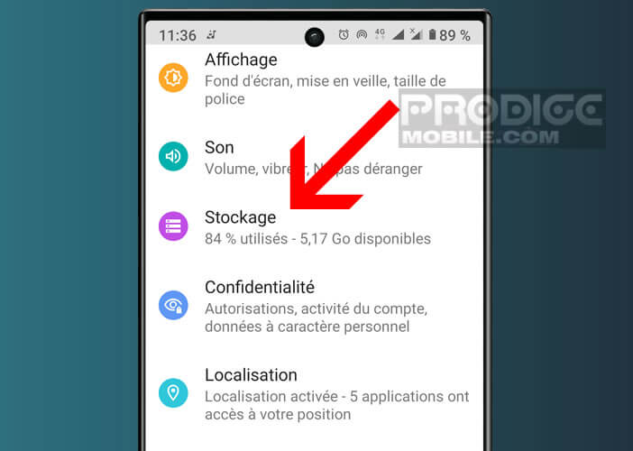 Accéder à la rubrique de gestion du stockage d’un téléphone Android