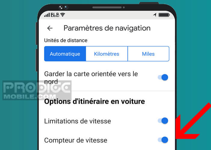 Activer l’interrupteur compteur de vitesse dans les paramètres de Maps