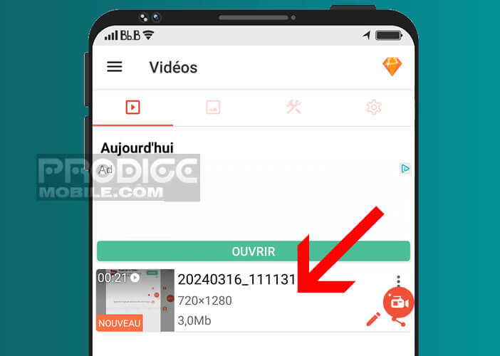 Lancer la vidéo enregistrée sur l’appli AZ screen recorder