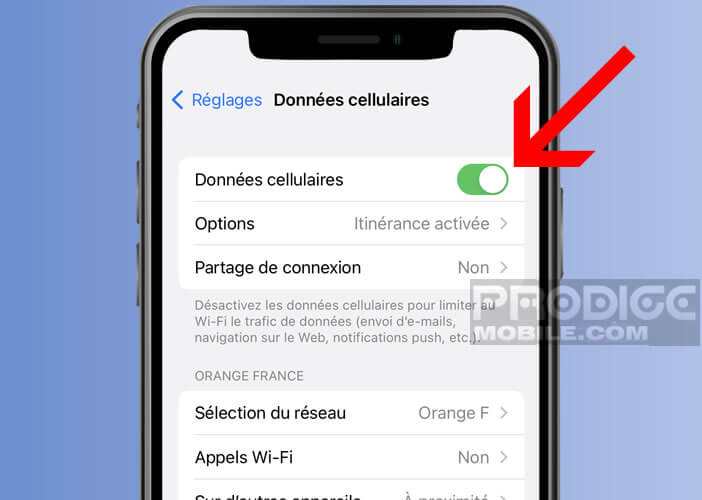 Vérifier que le mode données cellulaires de l’iPhone soit bien activé