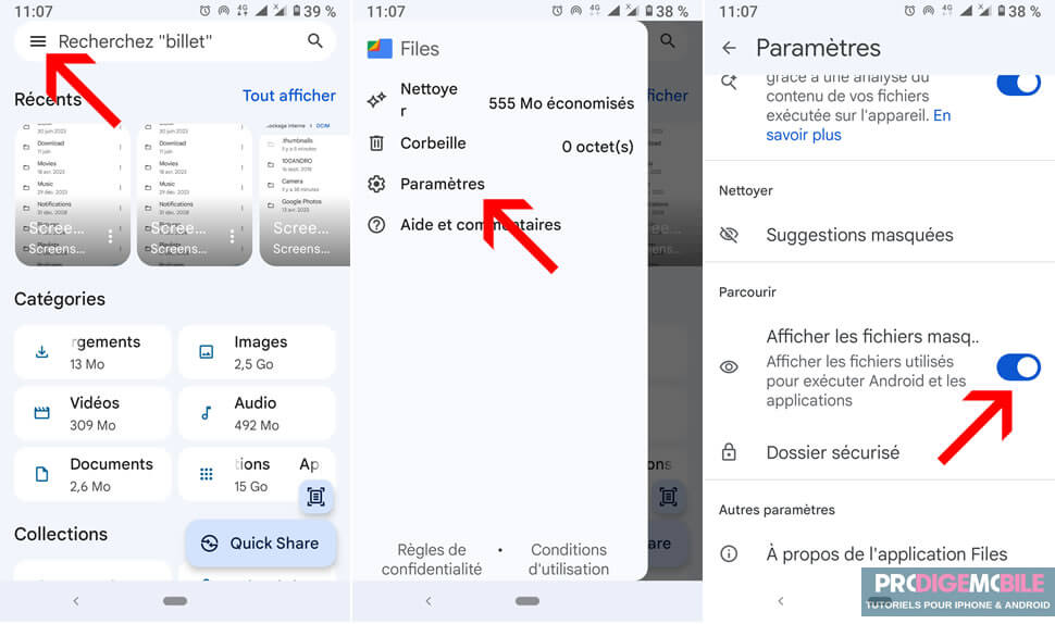 Option pour afficher les fichiers masqués sur un téléphone Android