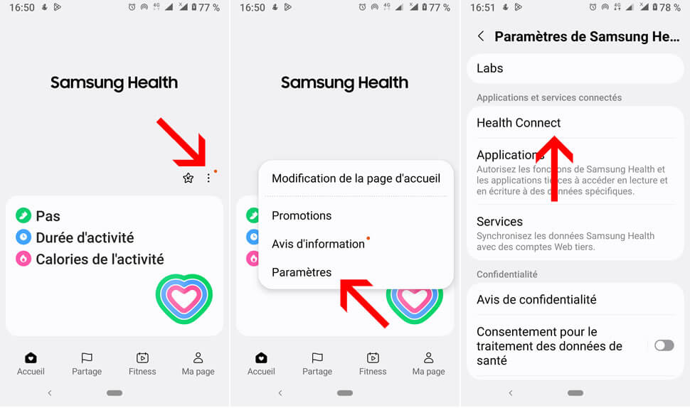 Interface permettant d’associer Samsung Health à Santé Connect