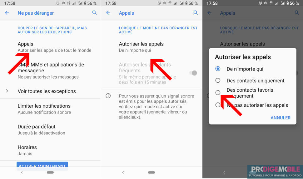 Paramètres Android pour autoriser certains appels avec le mode silencieux