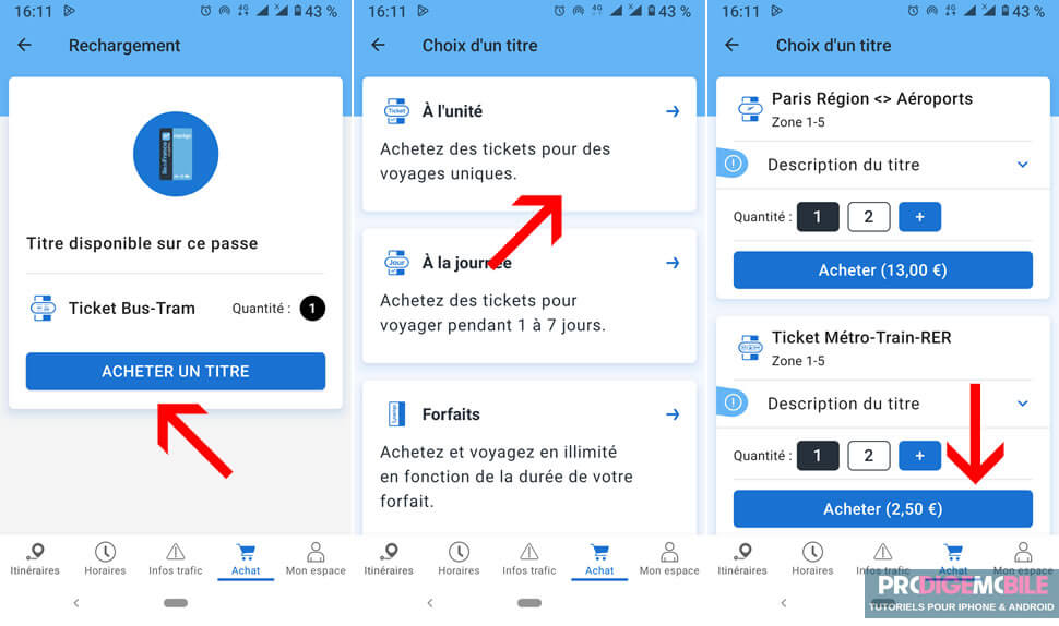 Choix d’un forfait Navigo hebdomadaire dans l’application Android IDF Mobilités