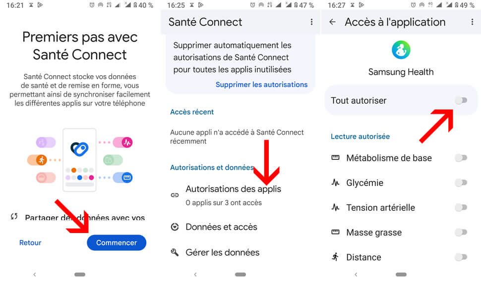 Écran de configuration de Santé Connect sur un smartphone Android