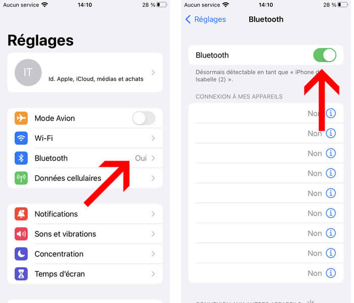 Écran des paramètres de connexion Bluetooth sur un iPhone