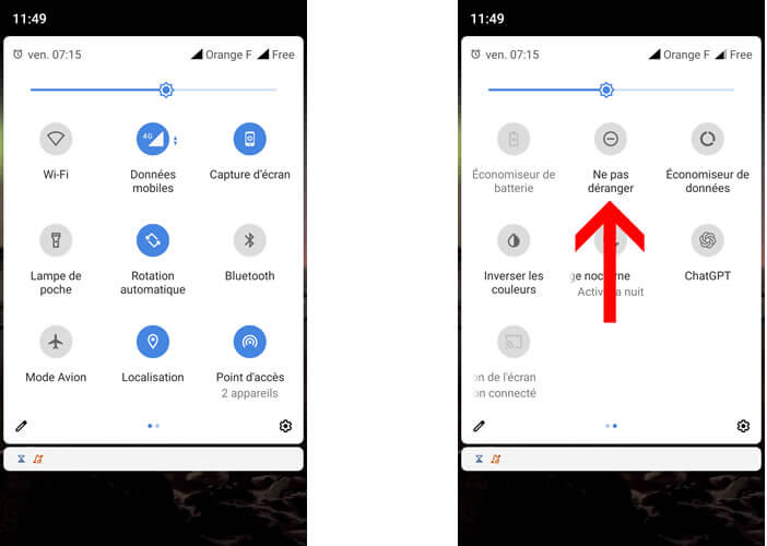 Désactivation du mode Ne pas déranger dans les paramètres d’un smartphone Android.