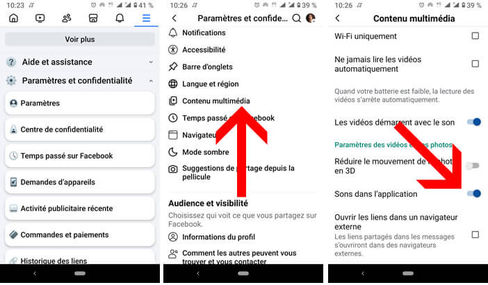 Option de désactivation du son dans les paramètres de l’application Facebook sur smartphone