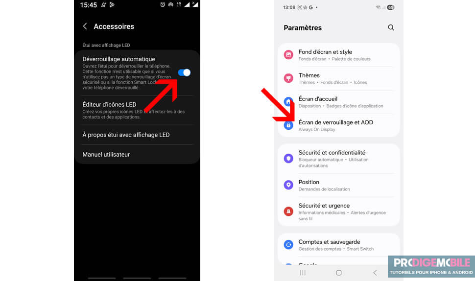 Déverrouillage automatique de l’écran d’un smartphone Samsung à l’ouverture d’un étui à rabat compatible