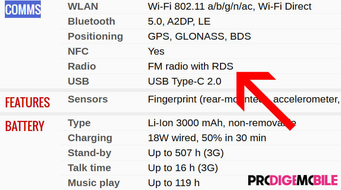 Capture d’écran de la fiche technique d’un smartphone sur GSMArena affichant la présence de la puce radio FM