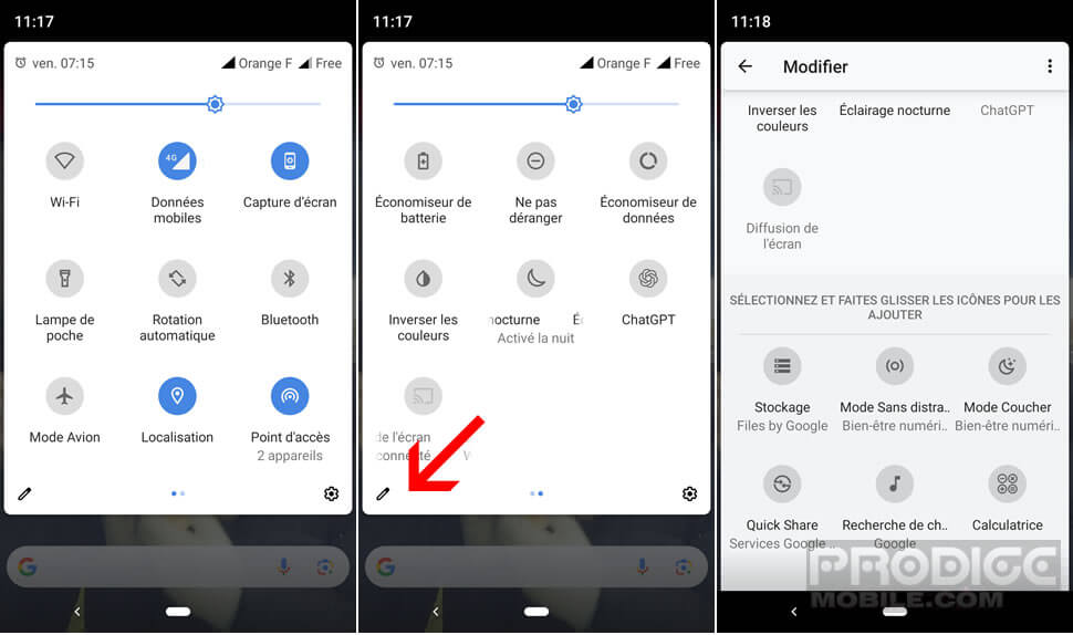 Icônes des réglages rapides Android affichées dans le panneau de notification