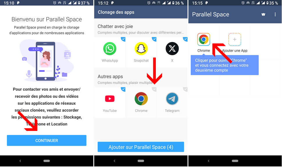 Interface de l’application Parallel Space utilisée pour cloner des applications sur Android