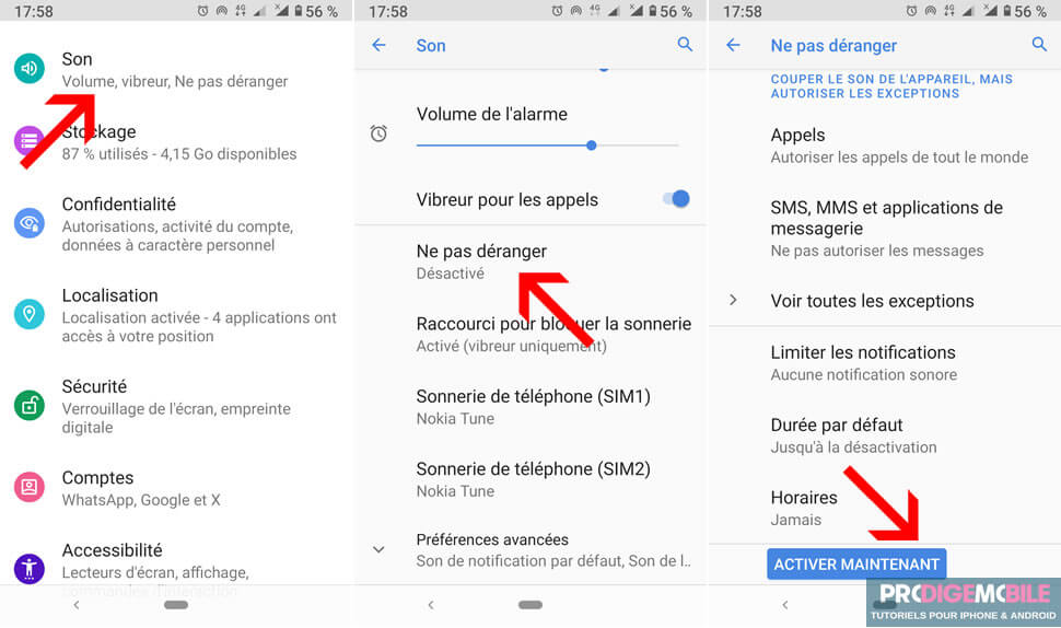 Menu des paramètres Android montrant l’option Ne pas déranger
