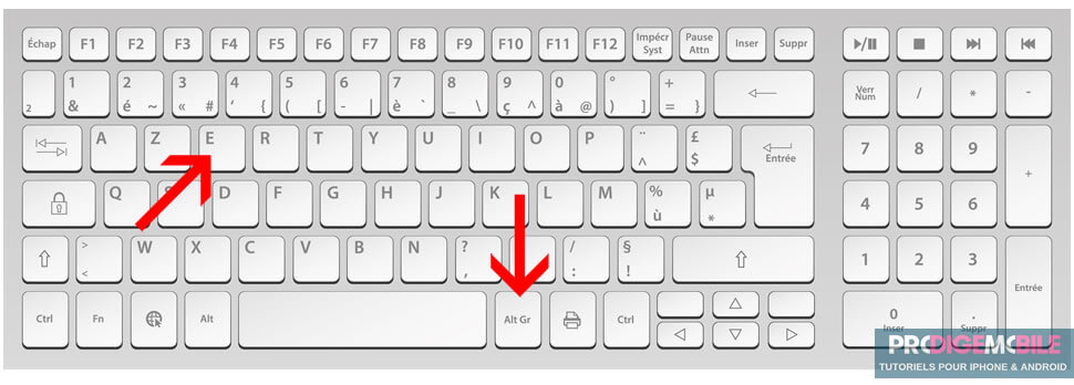 Touche E avec le symbole euro sur un clavier AZERTY Windows