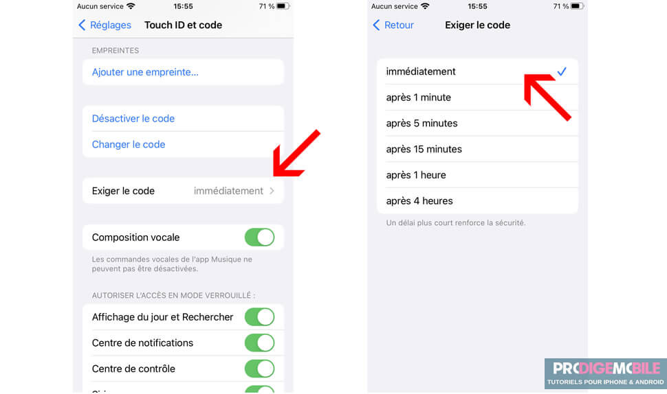 Réglage iOS pour exiger la saisie du code de verrouillage à chaque déverrouillage de l’iPhone