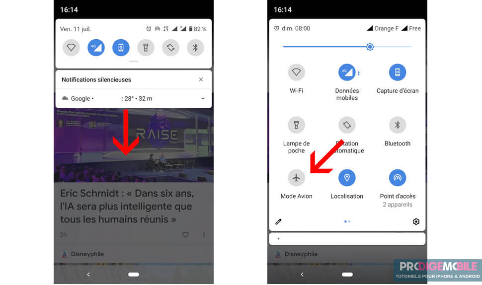 Activer le mode avion sur un smartphone Android depuis la barre de notifications