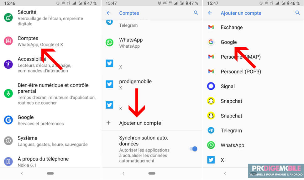 Capture d’écran montrant l’ajout d’un compte Google depuis les paramètres d’un smartphone Android