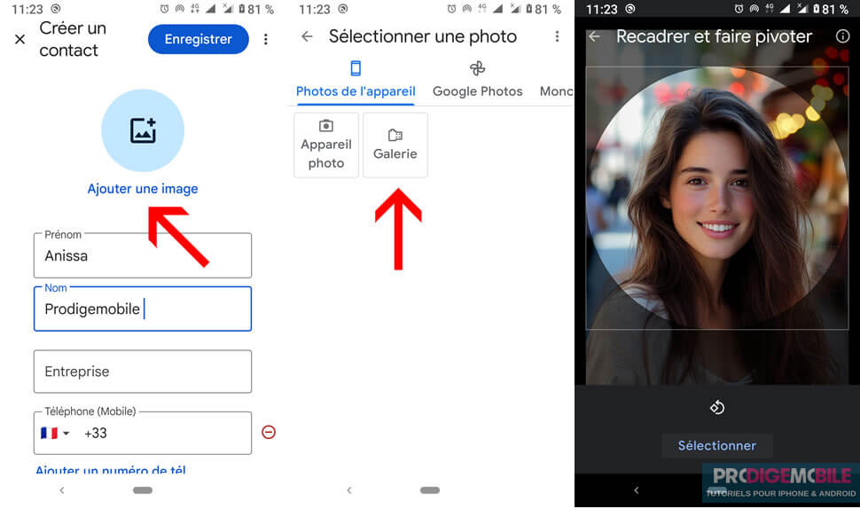 Choix d’une photo depuis la galerie pour l’ajouter à un contact sur Android
