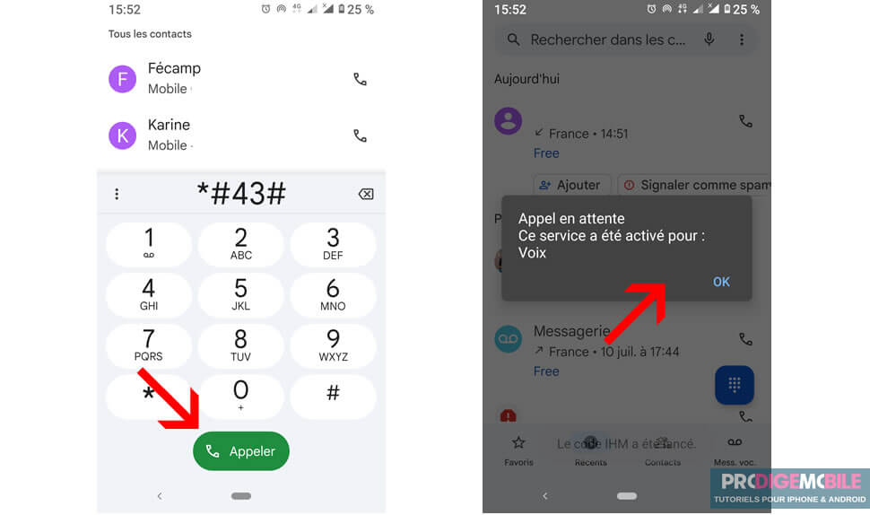 Exemple de saisie du code *43# dans l'application Téléphone pour activer le double appel sur Android