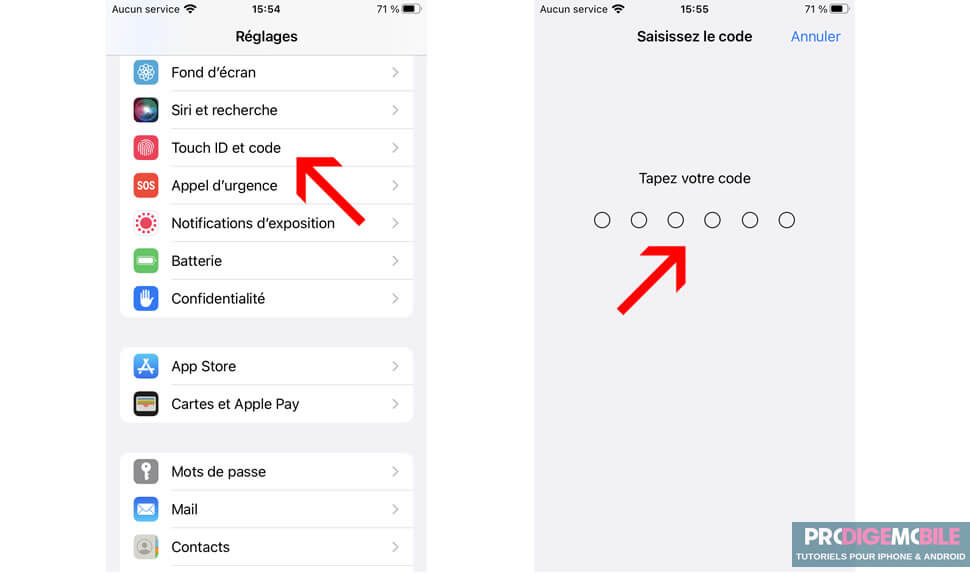 Écran des réglages iOS pour activer un code de verrouillage sur un iPhone