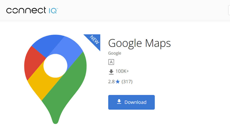 Interface du Connect IQ Store affichant l’application Google Maps à télécharger