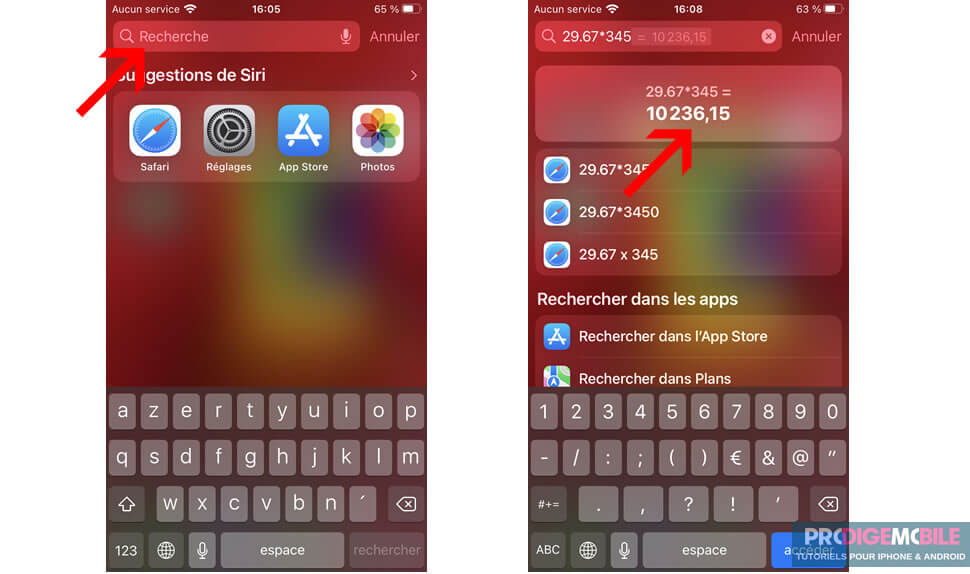 Faire un calcul simple depuis la recherche Spotlight sur iPhone sans ouvrir l’app Calculette