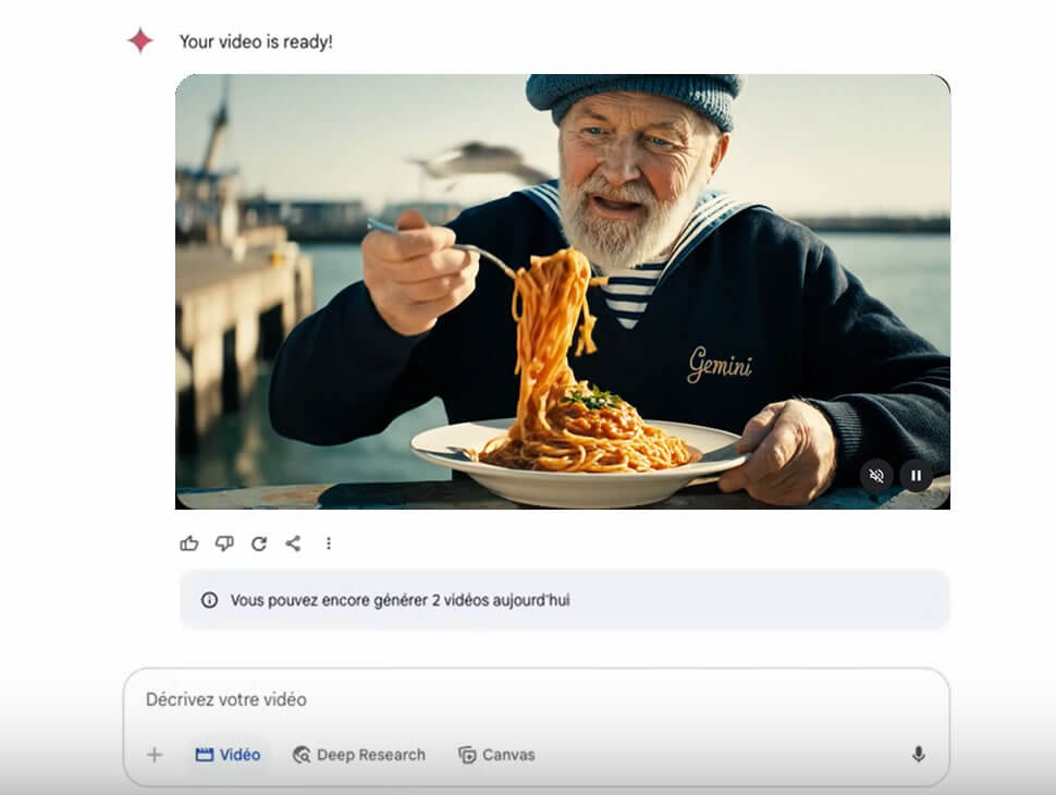 Interface de Gemini montrant la transformation d’une photo en vidéo via l’outil Veo 3