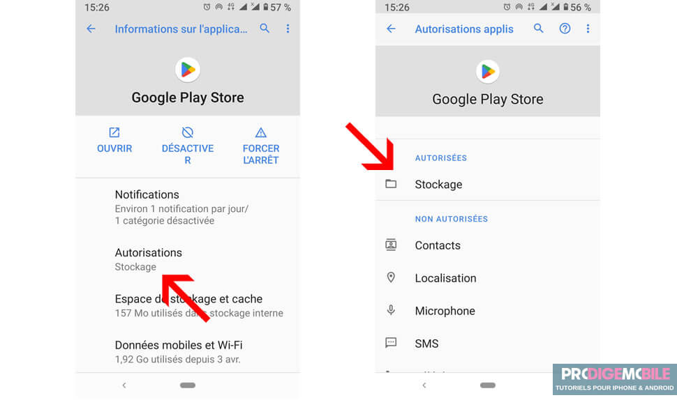 Écran Android affichant les autorisations accordées à une application