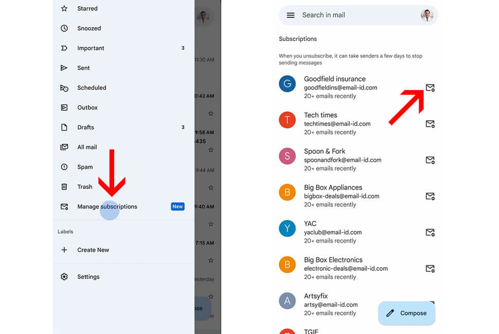 Liste des newsletters avec l’icône de désabonnement visible sur Gmail