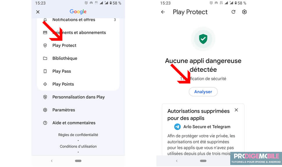Interface de Google Play Protect analysant les applications pour détecter les menaces sur Android