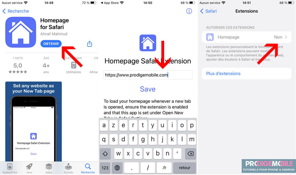 Installation de l’application Homepage pour définir une page d’accueil personnalisée dans Safari sur iPhone