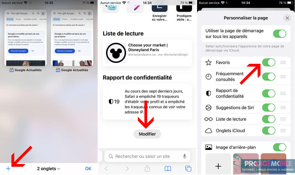 Options de personnalisation de la page de démarrage Safari sur un iPhone avec la liste des sections disponibles