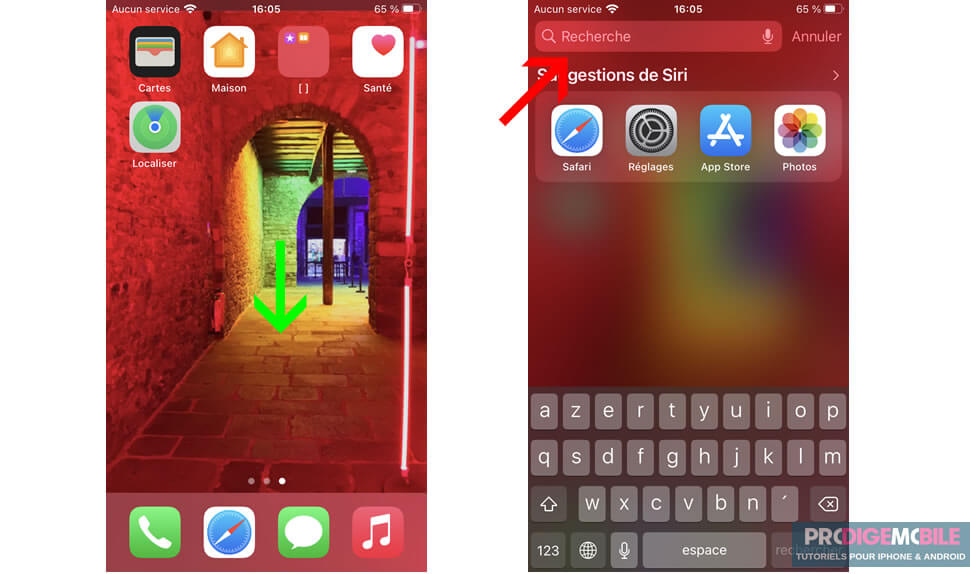 Geste pour ouvrir Spotlight depuis l’écran d’accueil d’un iPhone en faisant glisser son doigt vers le bas