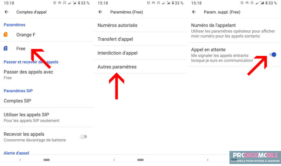 Accès aux paramètres d’appel sur un smartphone Android pour activer l’option appel en attente