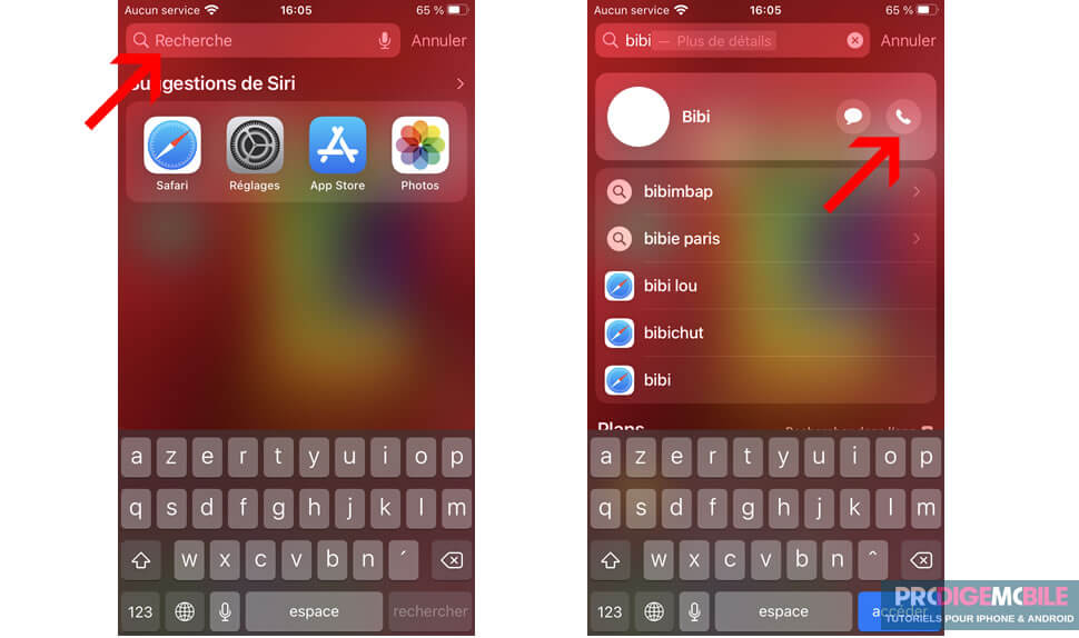 Passer un appel directement depuis la recherche Spotlight en tapant le nom d’un contact sur iPhone