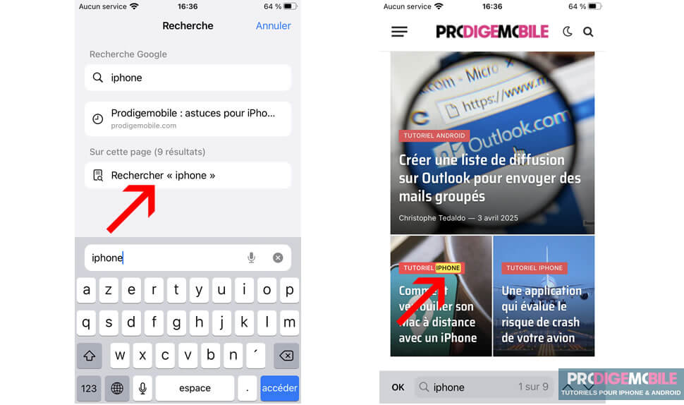 Rechercher un mot dans une page web avec la navigateur Safari