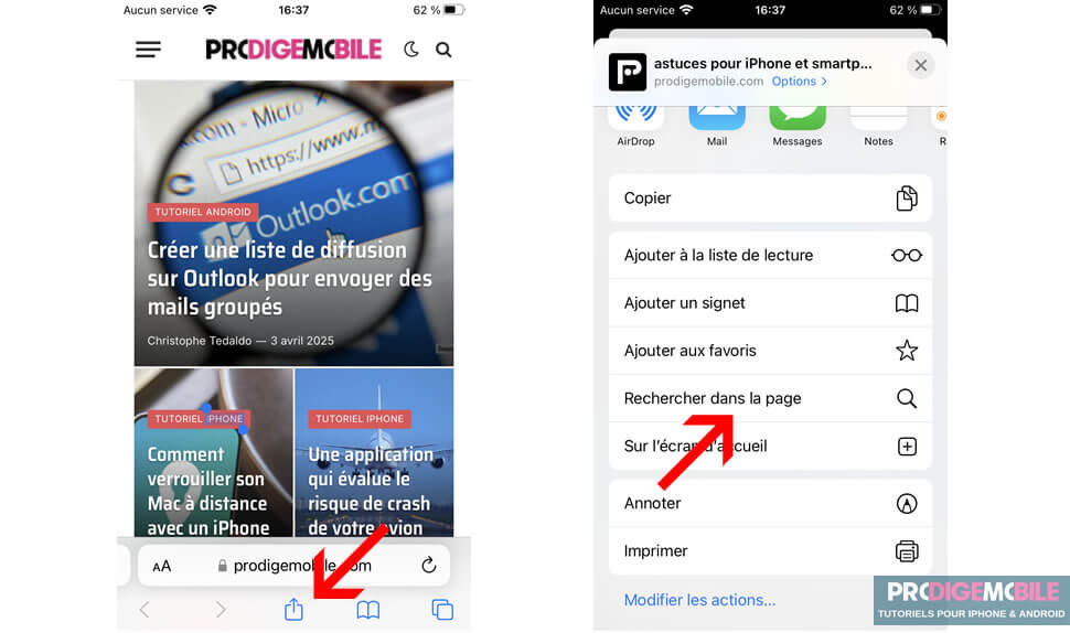 Utiliser le bouton Partager sur Safari pour rechercher un mot dans une page web sur iPhone