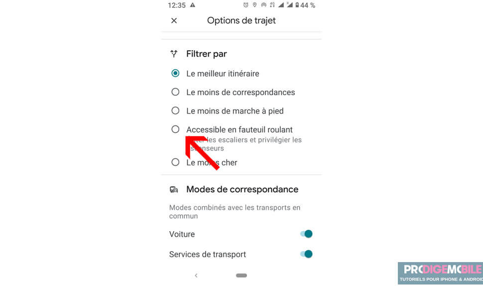 Itinéraire en transports avec stations accessibles en fauteuil roulant dans Google Maps
