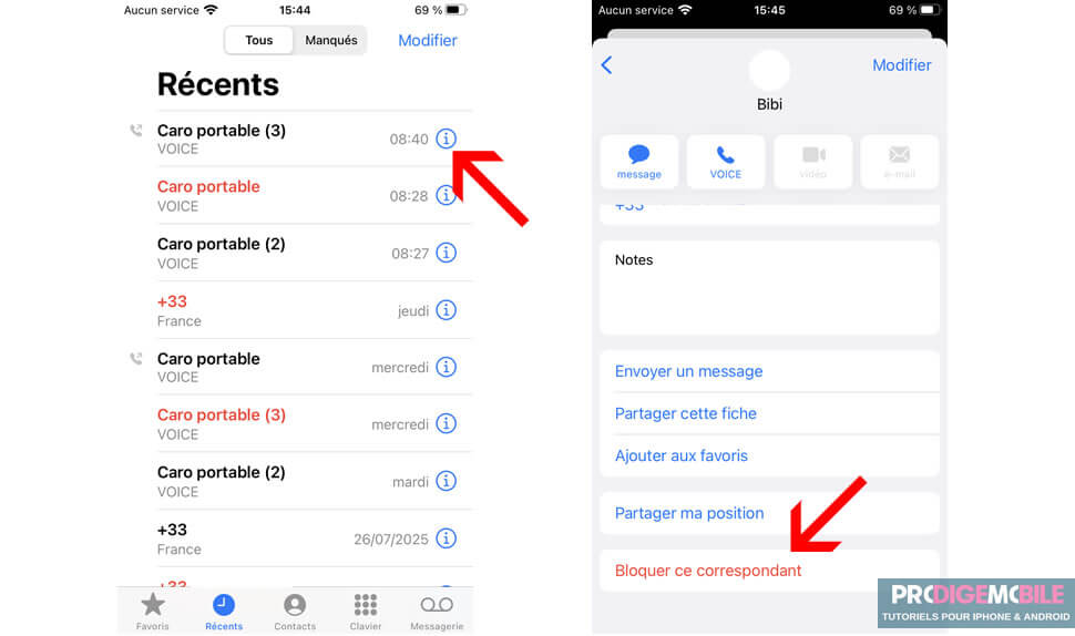 Écran de l’application Téléphone sur iPhone montrant l’option Bloquer ce correspondant