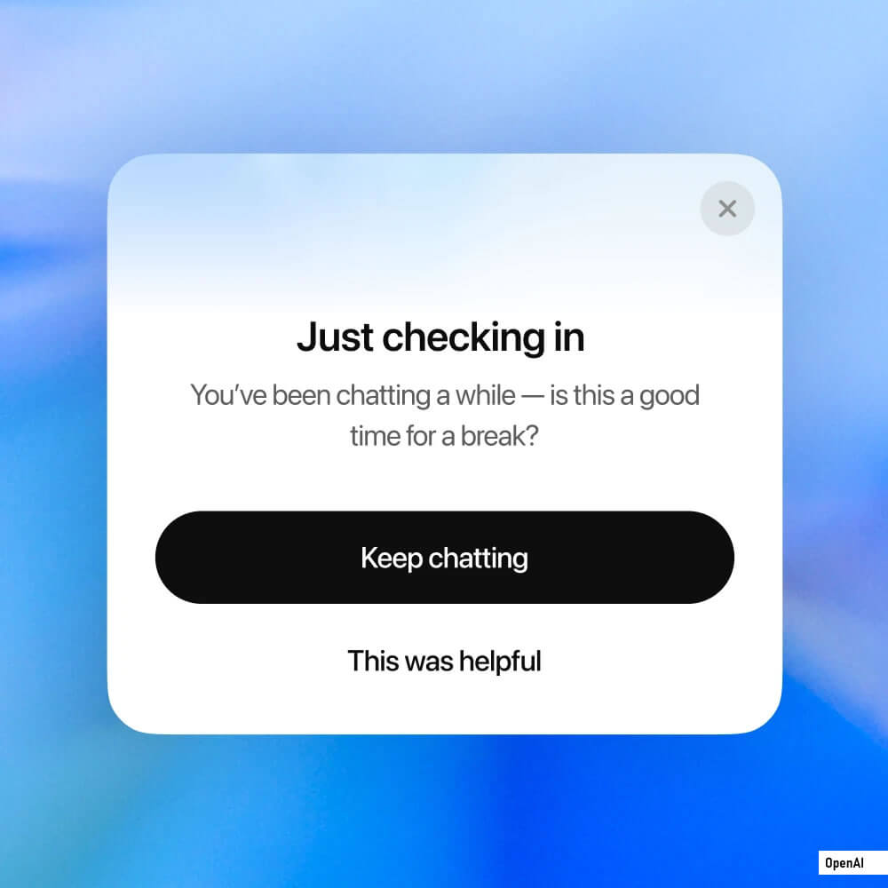 Interface de ChatGPT affichant un rappel de pause pour préserver la santé mentale de l’utilisateur