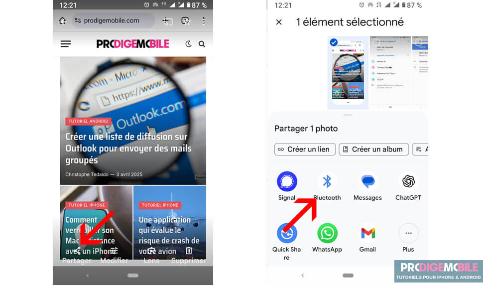 Sélection de plusieurs photos dans la galerie Android pour un envoi via Bluetooth vers un ordinateur.