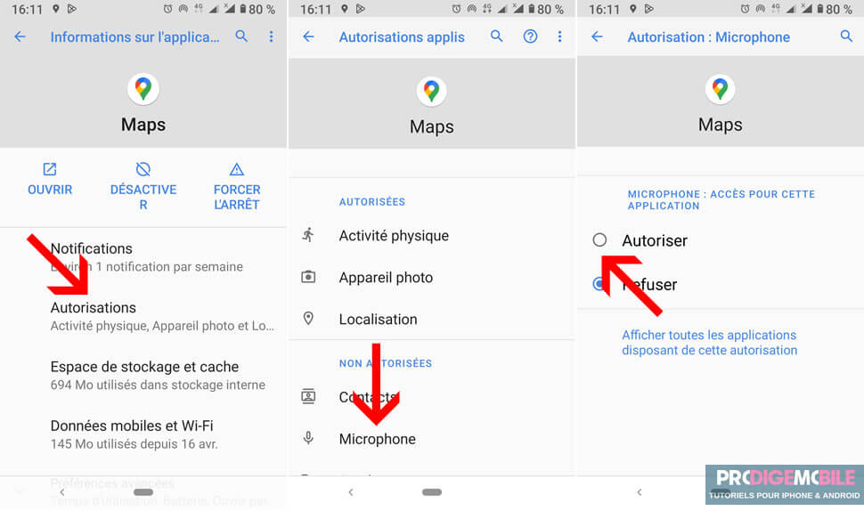 Vérification des autorisations du micro dans les paramètres Android pour Google Maps