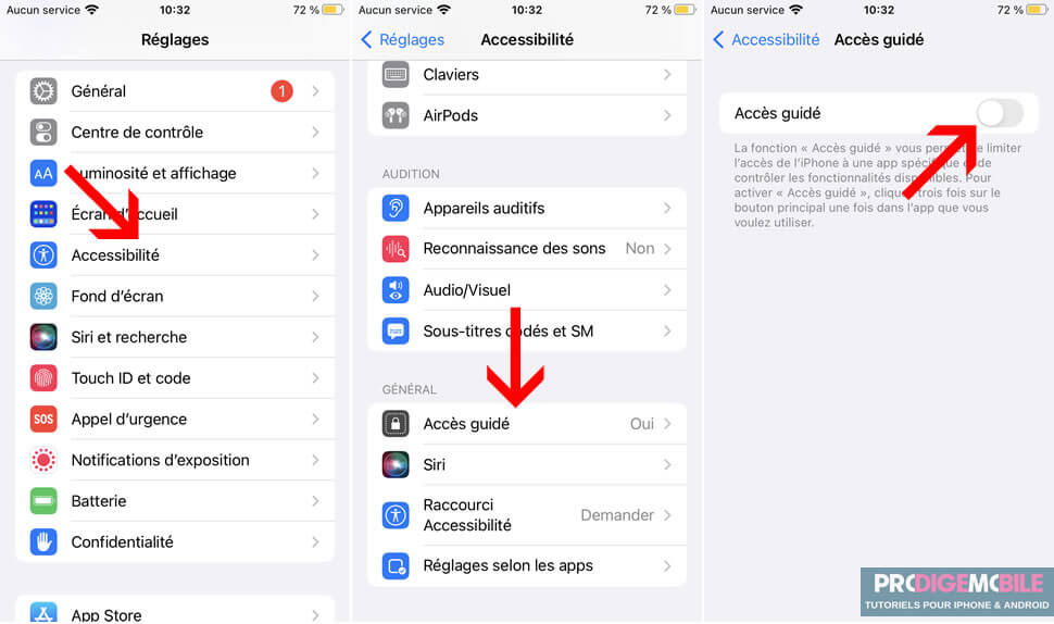 Capture d’écran des réglages iPhone pour activer l’Accès guidé et verrouiller une application