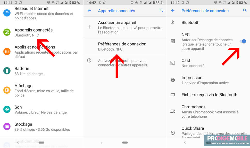 Capture d’écran des paramètres Android pour activer le NFC et transférer des fichiers entre smartphones
