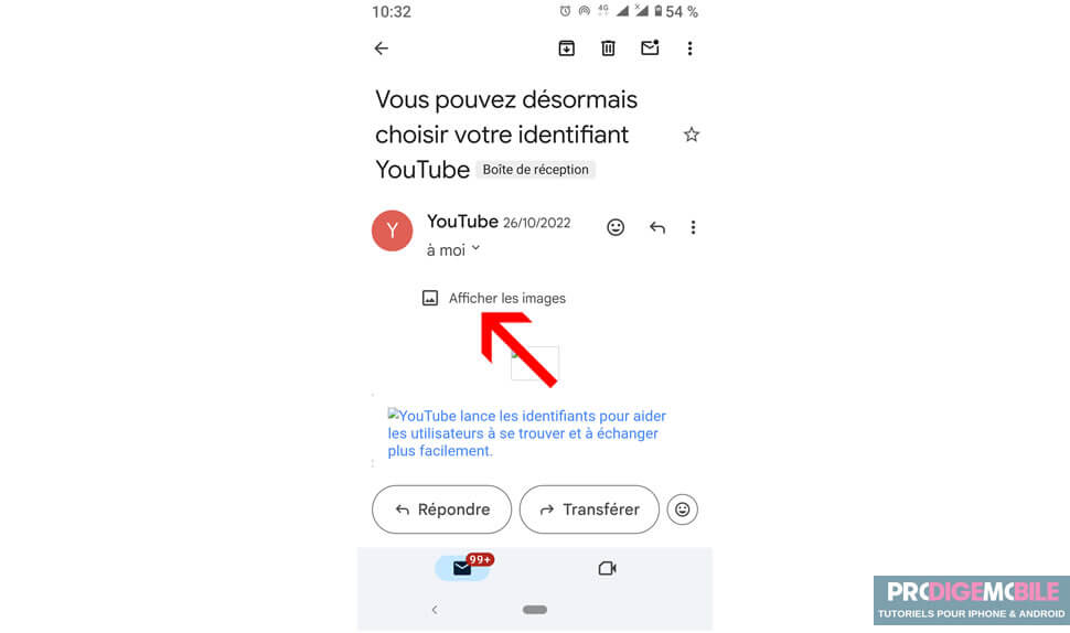 Exemple d’un email Gmail sur Android avec le bouton Afficher les images manuellement
